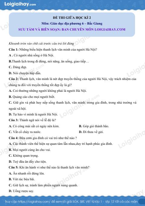 Đề thi giữa kì 2 GDĐP 6 Hà Nội - loigiaihay.com